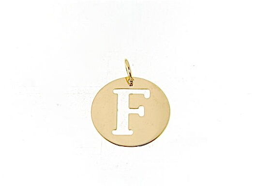18K YELLOW GOLD LUSTER ROUND MEDAL WITH LETTER F MADE IN ITALY DIAMETER 0.5 IN.