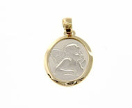 18K YELLOW WHITE GOLD PENDANT OVAL MEDAL GUARDIAN ANGEL ENGRAVABLE MADE IN ITALY.