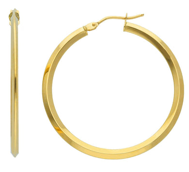 18K YELLOW GOLD CIRCLE EARRINGS DIAMETER 30 MM WITH RHOMBUS TUBE, MADE IN ITALY.