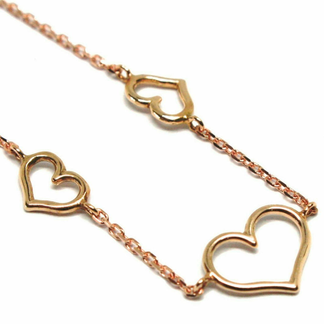18K ROSE GOLD SQUARE ROLO CHAIN NECKLACE, 18 INCHES, 3 HEARTS, MADE IN ITALY