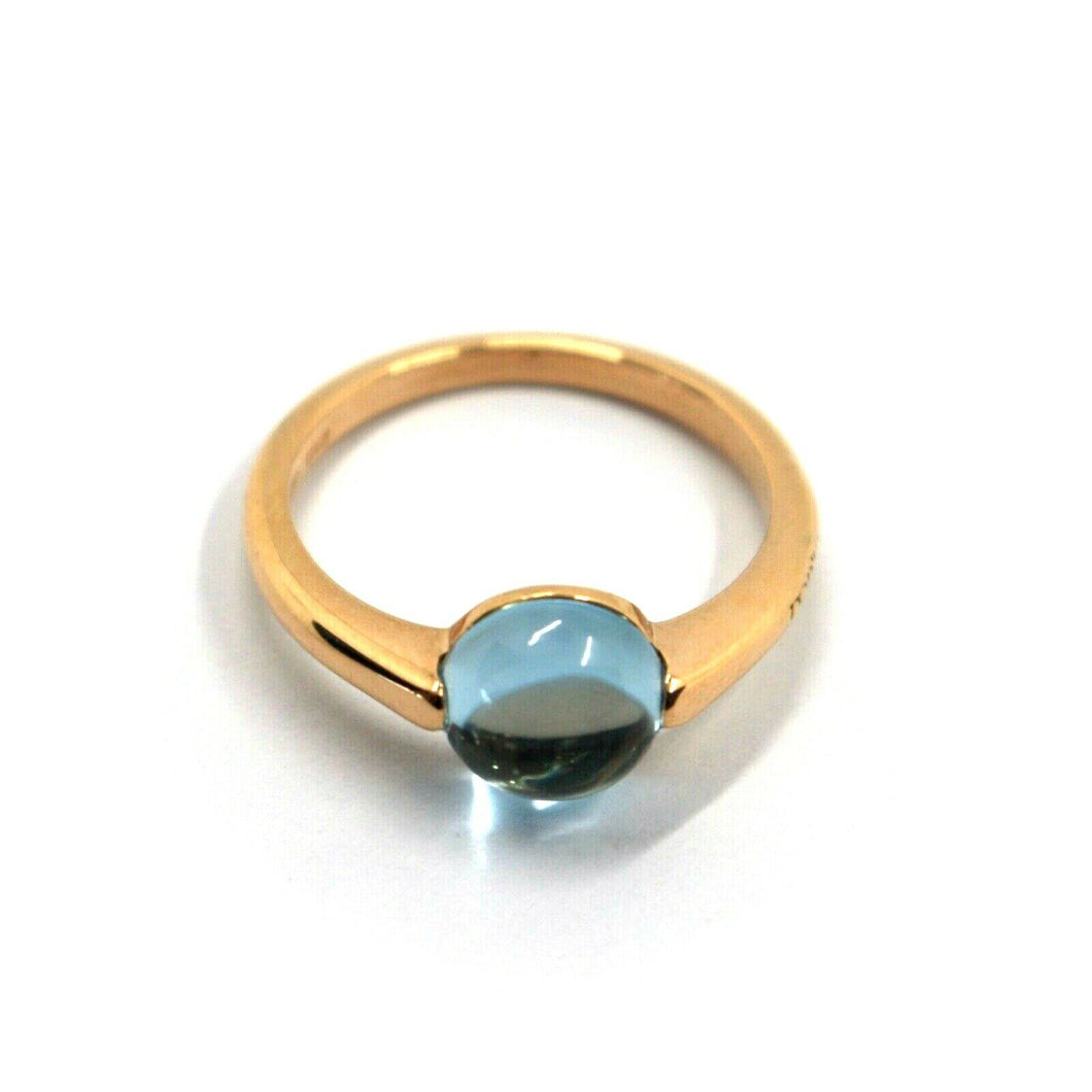 SOLID 18K ROSE GOLD RING WITH CENTRAL 8mm CABOCHON BLUE TOPAZ, ITALY MADE.