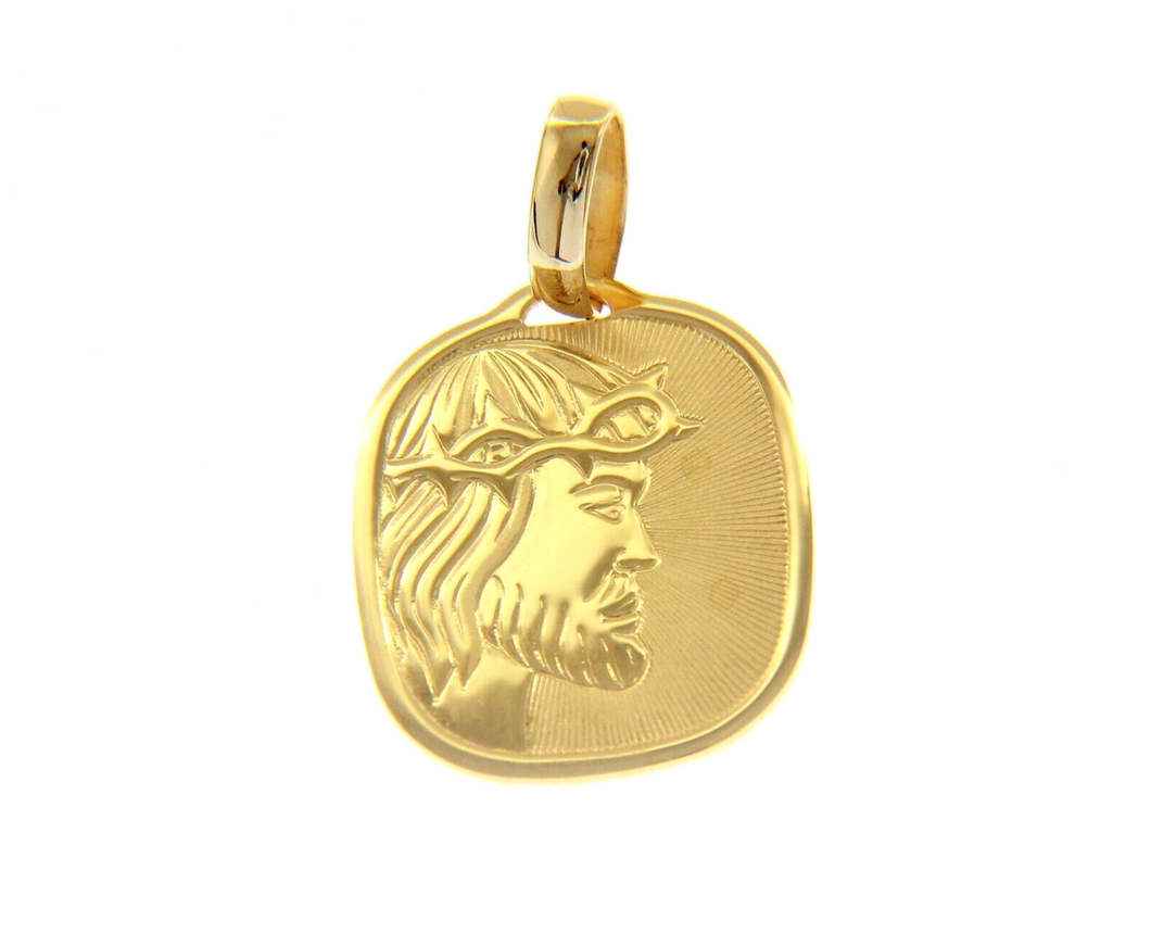 18K YELLOW GOLD PENDANT SQUARE JESUS FACE 20mm MEDAL ENGRAVABLE.