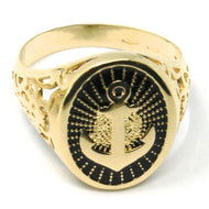 18k yellow gold band man ring, nautical anchor, finely worked, black enamel.