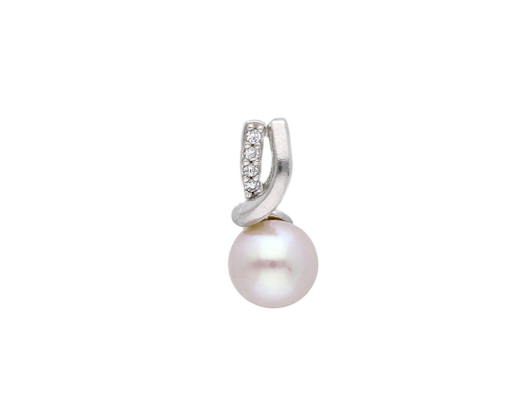 18k white gold pendant charm round freshwater white pearl 7 mm cubic zirconia.