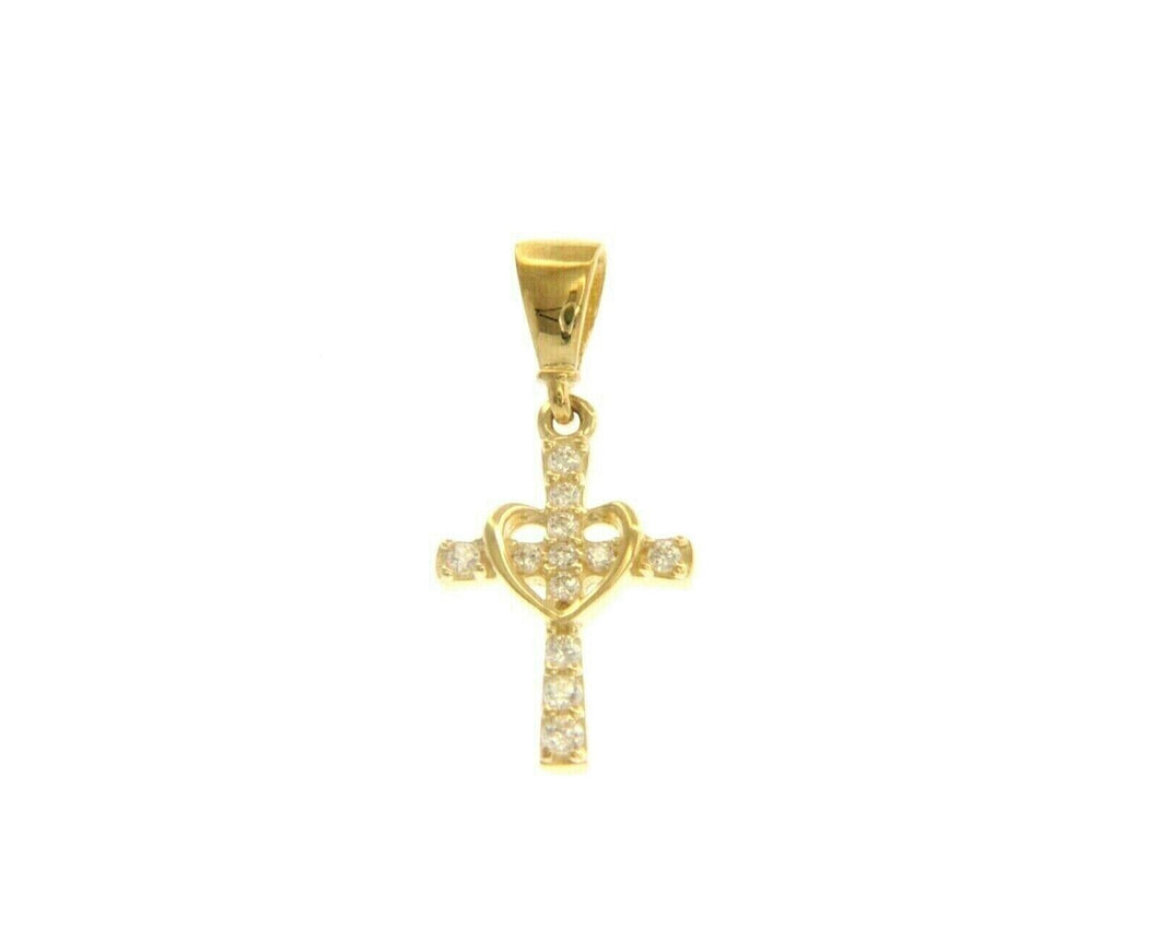 18K YELLOW GOLD SMALL 13mm HEART CROSS WITH WHITE ROUND CUBIC ZIRCONIA.