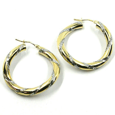 18K YELLOW WHITE GOLD CIRCLE HOOPS PENDANT EARRINGS, 3.1cmx4mm TWISTED, GLITTER.