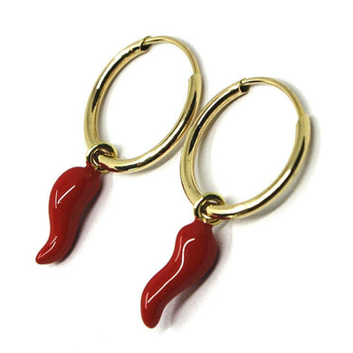 18K YELLOW GOLD CIRCLE HOOPS 13 MM EARRINGS WITH RED ENAMEL MINI HORN CORNICELLO PENDANT.