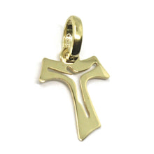 Load image into Gallery viewer, 18k yellow gold cross, Franciscan tau tao Saint Francis with Jesus, 0.6 inches.
