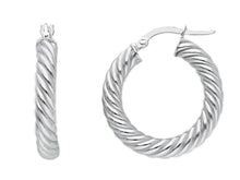 Load image into Gallery viewer, 18K WHITE GOLD HOOPS EARRINGS DIAMETER 20mm, TUBE 4mm STRIPED TWISTED BRAIDED.
