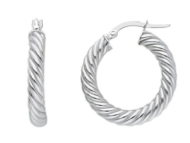 18K WHITE GOLD HOOPS EARRINGS DIAMETER 20mm, TUBE 4mm STRIPED TWISTED BRAIDED.