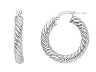 18K WHITE GOLD HOOPS EARRINGS DIAMETER 20mm, TUBE 4mm STRIPED TWISTED BRAIDED.