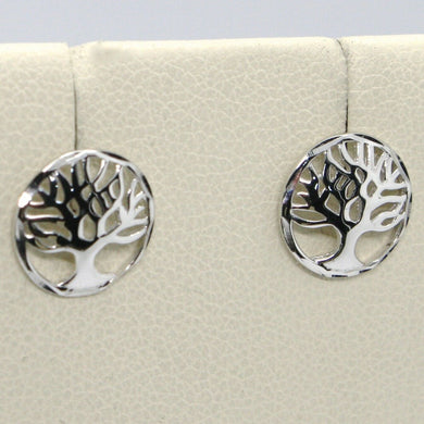 18k white  gold round button earrings with beautiful tree of life, made in Italy.