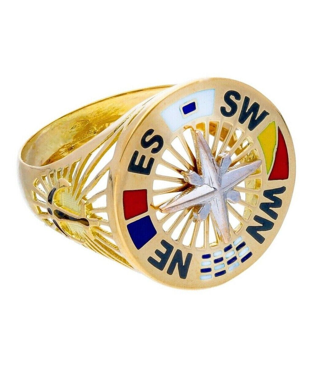 18k yellow gold band man ring, nautical anchor, flags, enamel, compass wind rose.