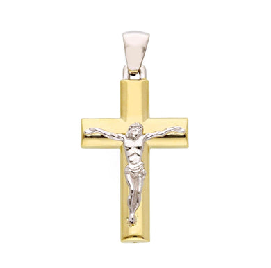 18K YELLOW WHITE GOLD ROUNDED CROSS PENDANT, SMOOTH WITH JESUS CHRIST, 29mm.