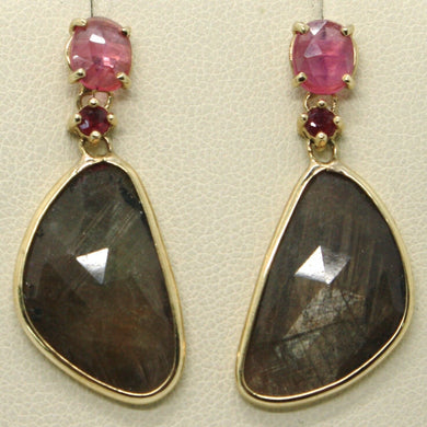 9k yellow gold pendant earrings, drop brown & oval pink sapphire, red ruby.