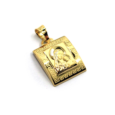 18k yellow gold square 15mm medal pendant with frame, Virgin Mary Jesus Christ.
