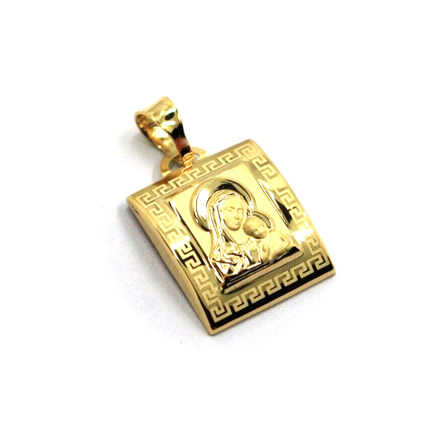 18k yellow gold square 15mm medal pendant with frame, Virgin Mary Jesus Christ.