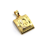 18k yellow gold square 15mm medal pendant with frame, Virgin Mary Jesus Christ.
