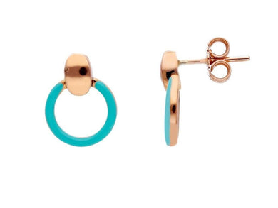 18K ROSE GOLD TURQUOISE ENAMEL DISC CIRCLE 12mm PENDANT TUBE EARRINGS.