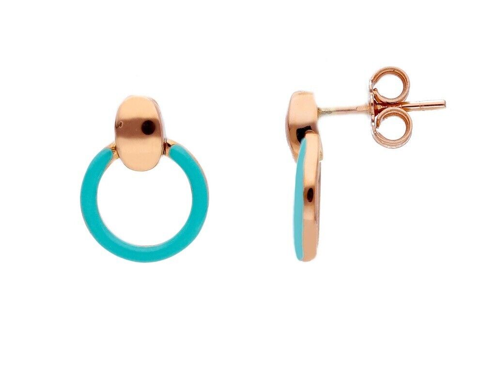18K ROSE GOLD TURQUOISE ENAMEL DISC CIRCLE 12mm PENDANT TUBE EARRINGS.