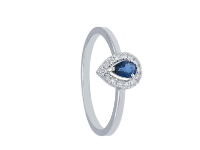 solid 18k white gold ring with drop cut sapphire 0.27 carats and diamonds frame.