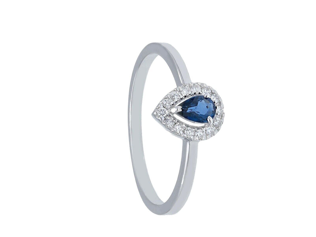 solid 18k white gold ring with drop cut sapphire 0.27 carats and diamonds frame.