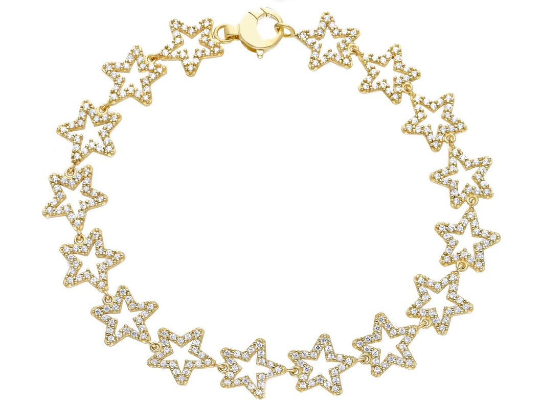 18K YELLOW GOLD TENNIS BRACELET WITH CUBIC ZIRCONIA 9mm STARS LINE, LENGTH 7.1