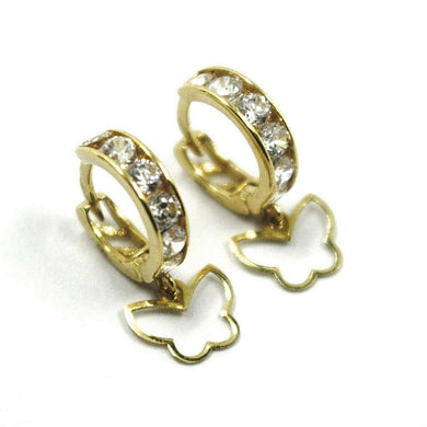 18K YELLOW GOLD PENDANT EARRINGS, MINI CUBIC ZIRCONIA HOOPS WITH BUTTERFLIES.