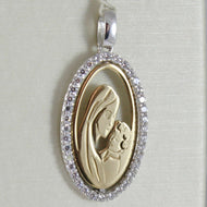 18k white and yellow gold medal stylized virgin Mary and Jesus made in Italy.