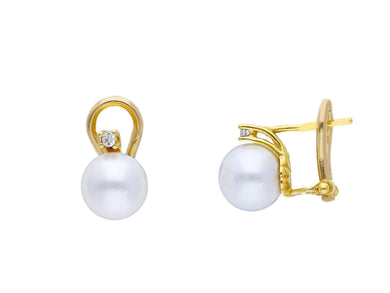 18k yellow gold clips earrings 7.5/8mm freshwater pearls and cubic zirconia.