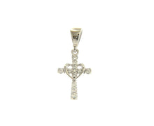 Load image into Gallery viewer, 18K WHITE GOLD SMALL 13mm HEART CROSS WITH WHITE ROUND CUBIC ZIRCONIA
