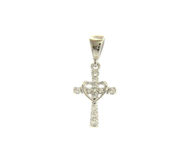18K WHITE GOLD SMALL 13mm HEART CROSS WITH WHITE ROUND CUBIC ZIRCONIA.