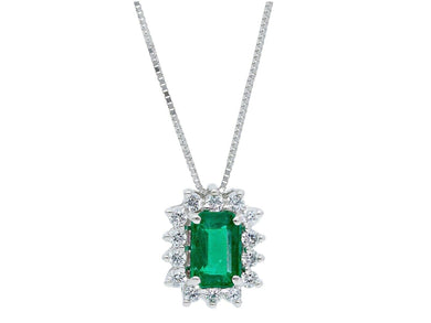 18k white gold flower necklace diamonds 0.22 & rectangular emerald 0.70 pendant.