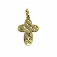 18K YELLOW WHITE GOLD CROSS 20mm, 0.8 inches, DOUBLE SLAB STRIPS ROUNDED WORKED.