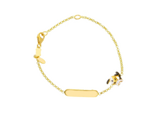 Load image into Gallery viewer, 18k yellow gold kid child girl baby bracelet enamel dog and plate rolo chain.
