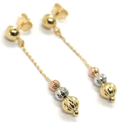 18K YELLOW ROSE & WHITE GOLD PENDANT EARRINGS THREE FACETED WORKED BALLS SPHERES.