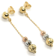 18K YELLOW ROSE & WHITE GOLD PENDANT EARRINGS THREE FACETED WORKED BALLS SPHERES.