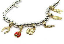 Load image into Gallery viewer, 925 STERLING SILVER BRACELET, 9K YELLOW GOLD HORSESHOE, HAND, OWL, HORN, LADYBUG.
