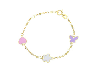 18k yellow gold kid child bracelet enamel daisy  heart butterfly, rolo chain.