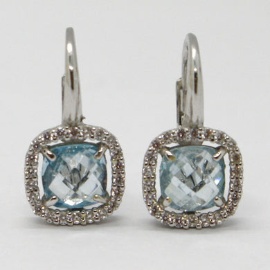 18k white gold leverback earrings cushion blue topaz, zirconia frame.