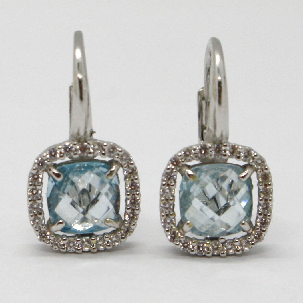 18k white gold leverback earrings cushion blue topaz, zirconia frame