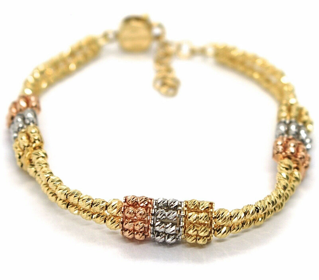 SOLID 18K YELLOW WHITE ROSE GOLD BRACELET, DOUBLE RAW DIAMOND CUT WORKED BALLS