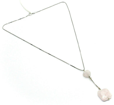 18k white gold lariat necklace heart & square rose quartz pendant venetian chain.