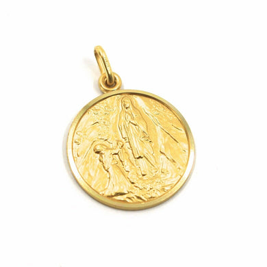 18k yellow gold Senora Lady of Lourdes 15 mm round medal Virgin Mary pendant.