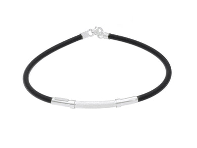 18K WHITE GOLD BRACELET 3mm ROUND TUBE SMOOTH SATIN PLATE & BLACK RUBBER, 8.3