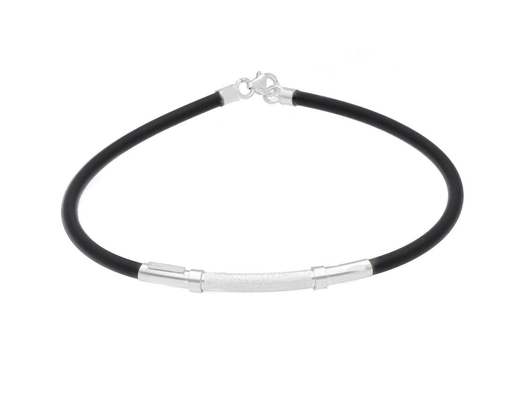 18K WHITE GOLD BRACELET 3mm ROUND TUBE SMOOTH SATIN PLATE & BLACK RUBBER, 8.3