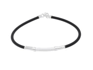 18K WHITE GOLD BRACELET 3mm ROUND TUBE SMOOTH SATIN PLATE & BLACK RUBBER, 8.3