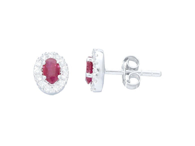 18K WHITE GOLD EARRINGS OVAL 0.61ct RUBIES & DIAMONDS FRAME, 0.8mm LENGTH.