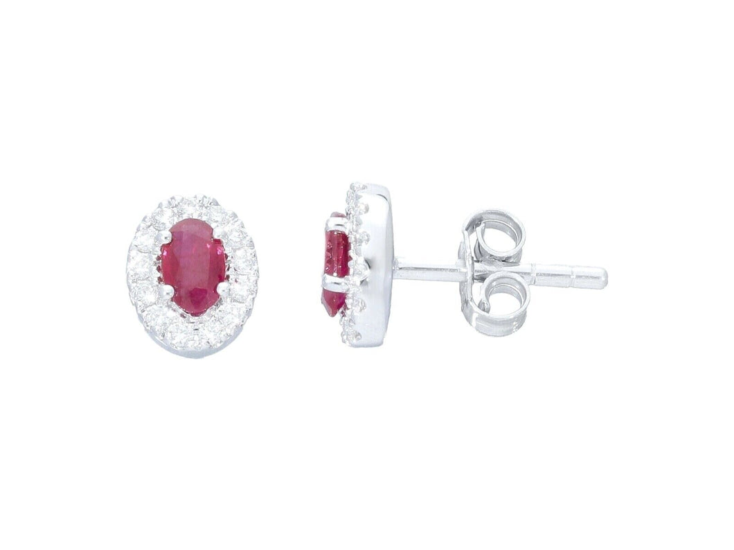 18K WHITE GOLD EARRINGS OVAL 0.61ct RUBIES & DIAMONDS FRAME, 0.8mm LENGTH.