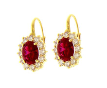 Load image into Gallery viewer, 18k yellow gold flower leverback earrings big 7x9mm oval red crystal, zirconia.

